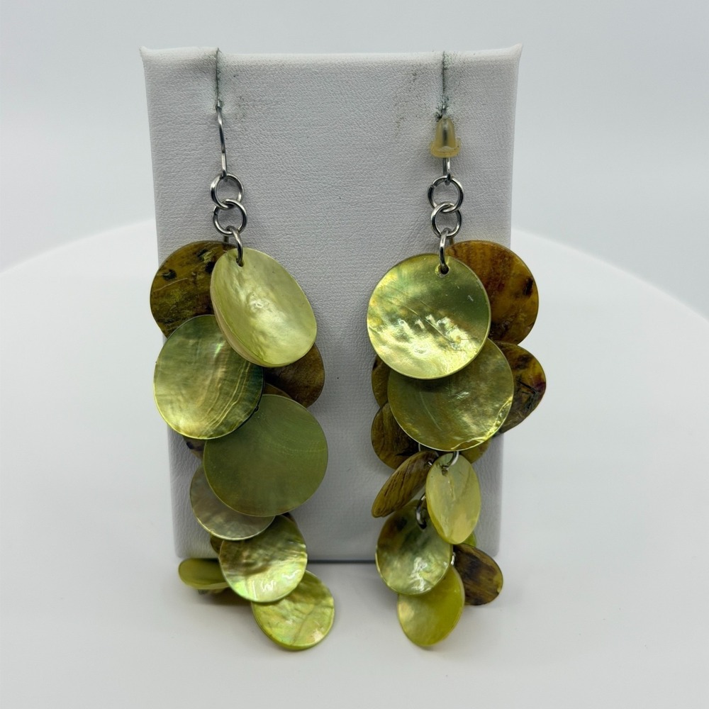 Natural Shell Disc Statement Dangle Earrings Multi-Layered Boho Beach Jewelry - Picture 11 of 13